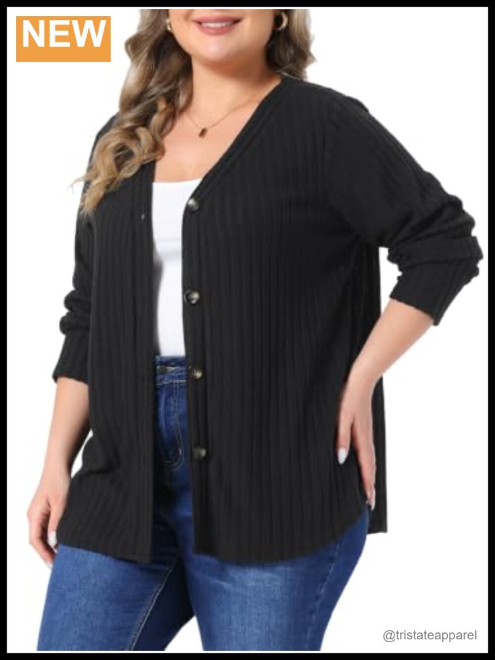 Plus Size Ribbed Knit Button Down Cardigan V Neck Long Sleeve